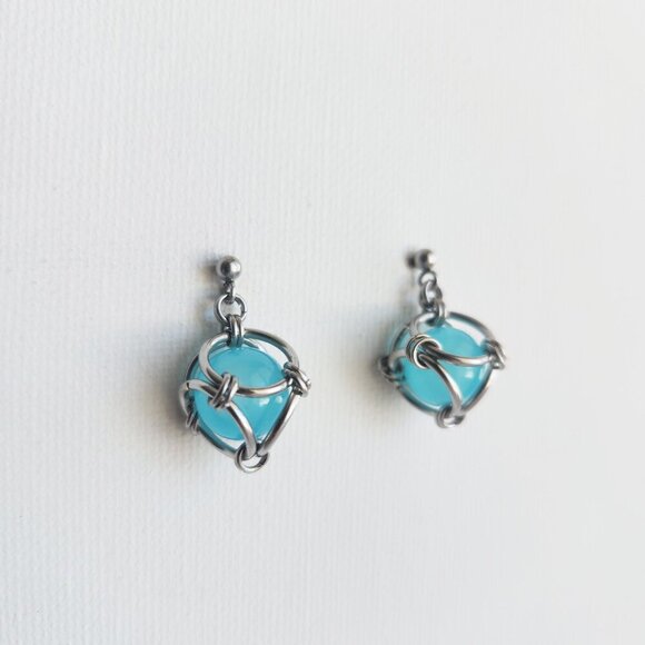 Hand Crafted Jewelry - Vintage aqua blue big caged pearl and silver earrings ✦ handmade chainmaille ✦